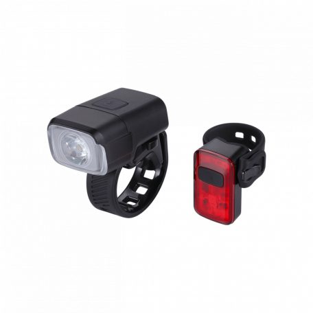 BBB Cycling kerékpáros lámpa szett BLS-164 NanoStrikeCombo, 400 és 10 lumen, 6 és 4 mód, micro USB tölthető 1000 és 300 mAh akku (első és hátsó), gumis felfogatással (BLS-134 helyettesítője)